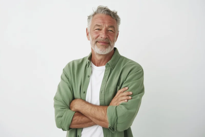 Confident middle-aged man with salt-and-pepper beard smiling with arms crossed in studio portrait