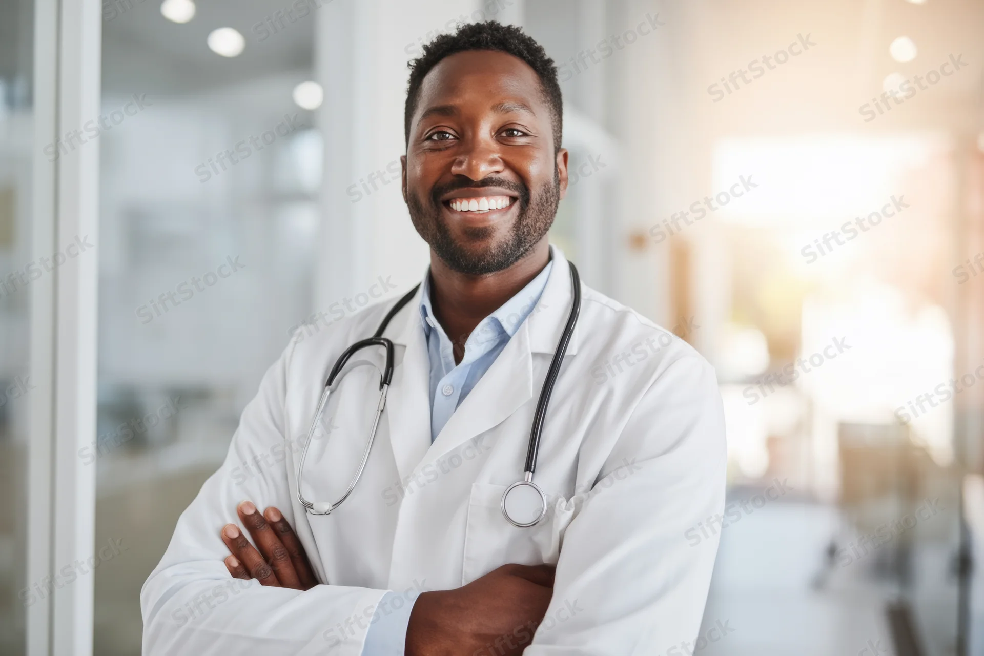 Smiling male doctor in white coat with stethoscope arms crossed in modern clinic