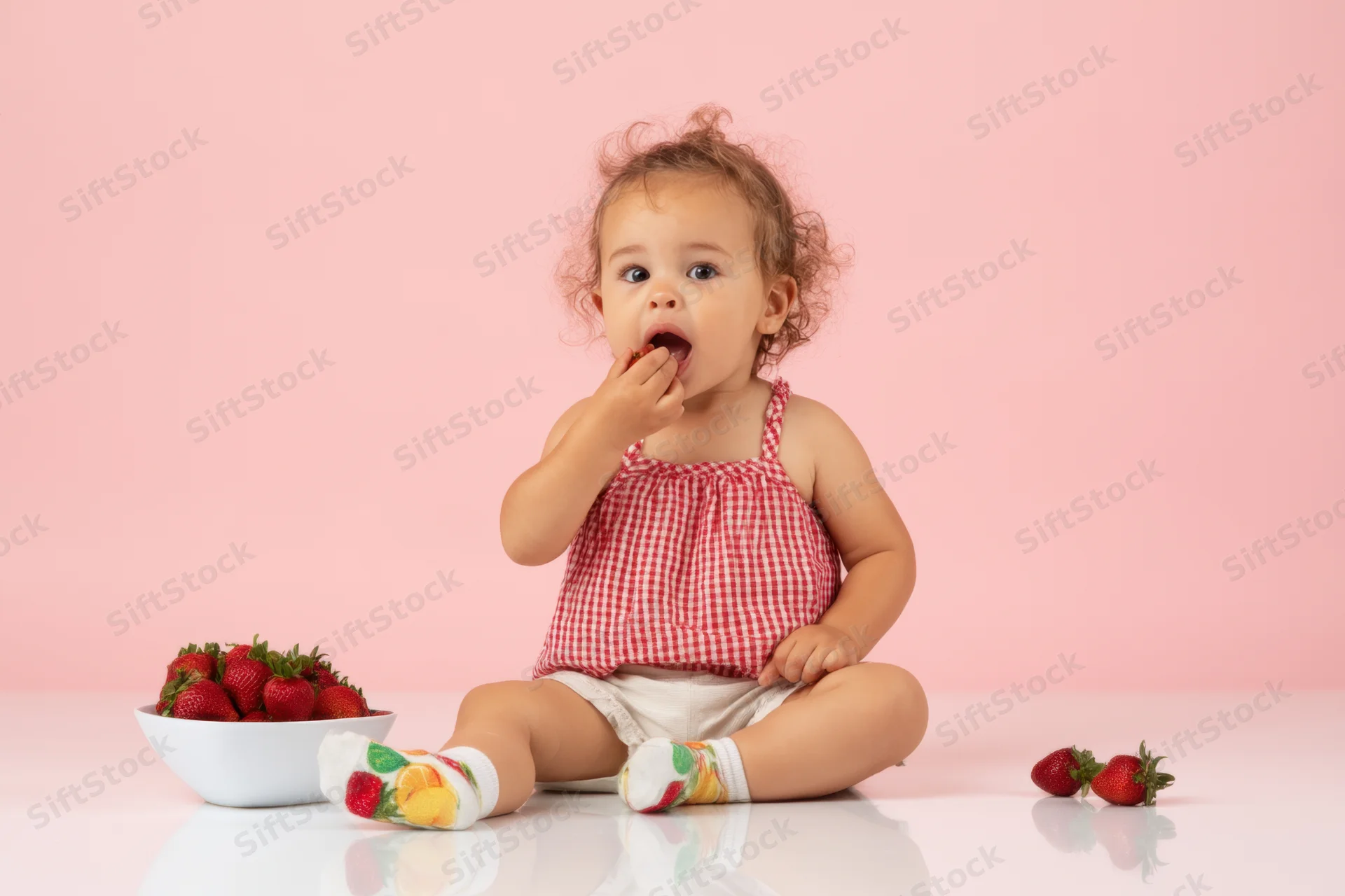 Toddler girl sitting on white floor eating strawberry with bowl nearby