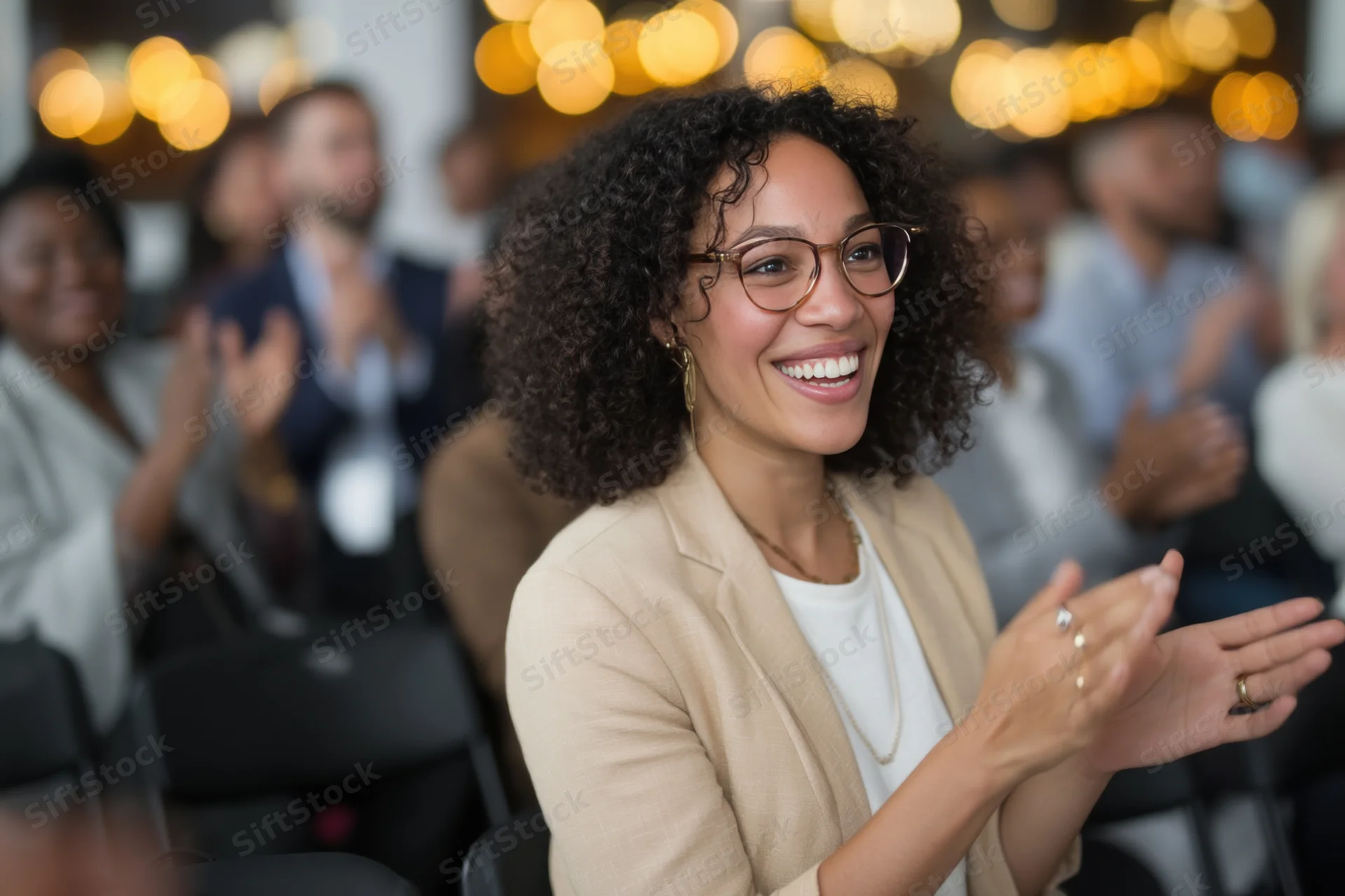 Woman clapping and smiling in a diverse audience at a conference