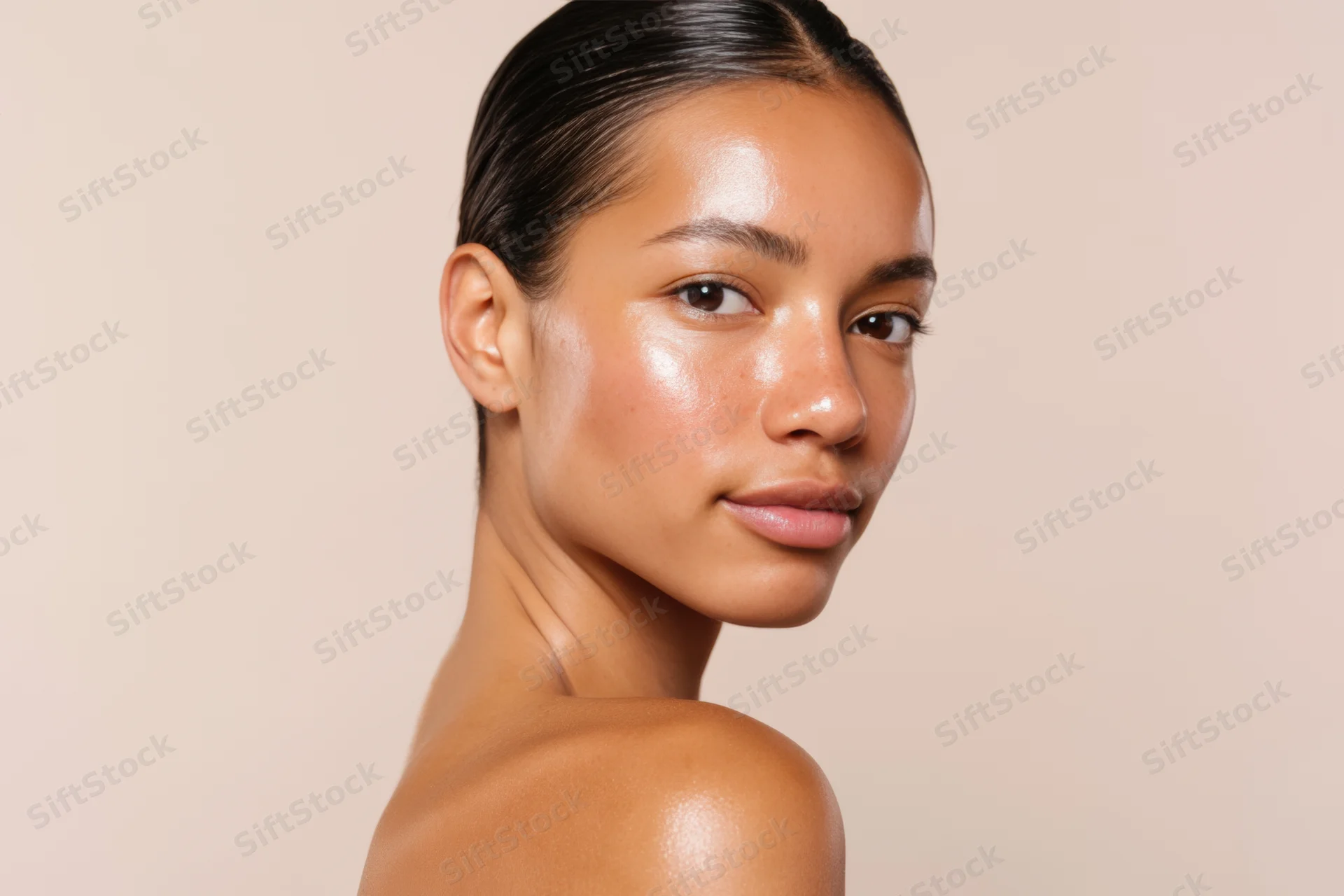 Woman in profile with dewy skin and dark hair against beige background