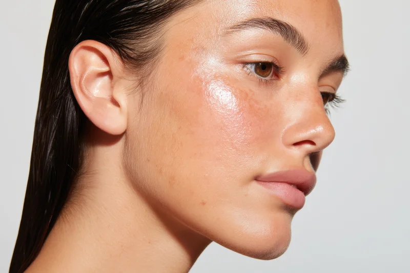 Woman in profile with dewy skin and straight dark hair against white background