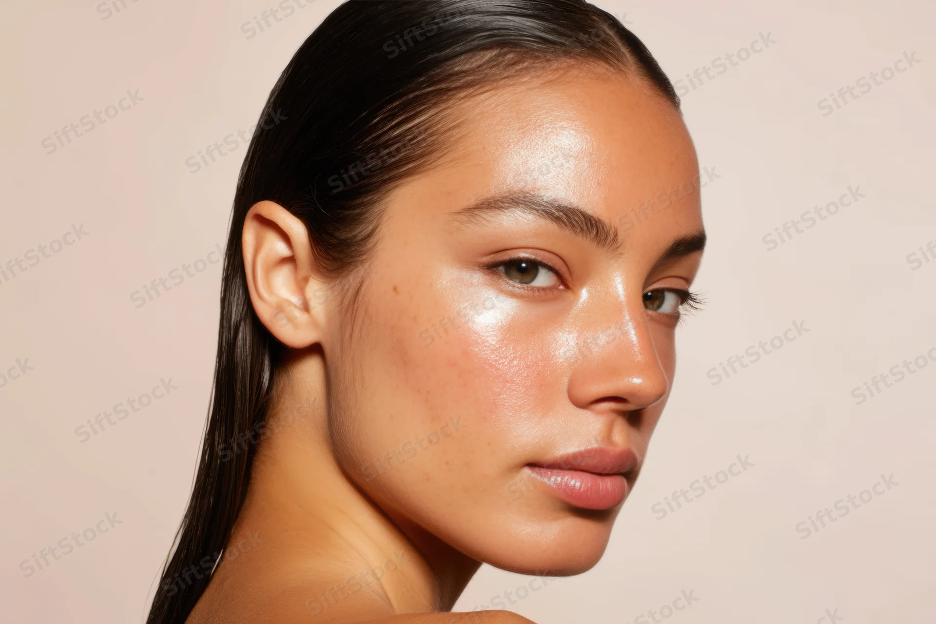Woman in profile with dewy skin and straight dark hair against beige background