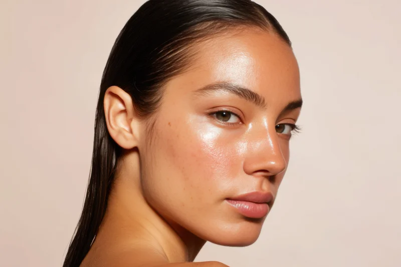 Woman in profile with dewy skin and straight dark hair against beige background