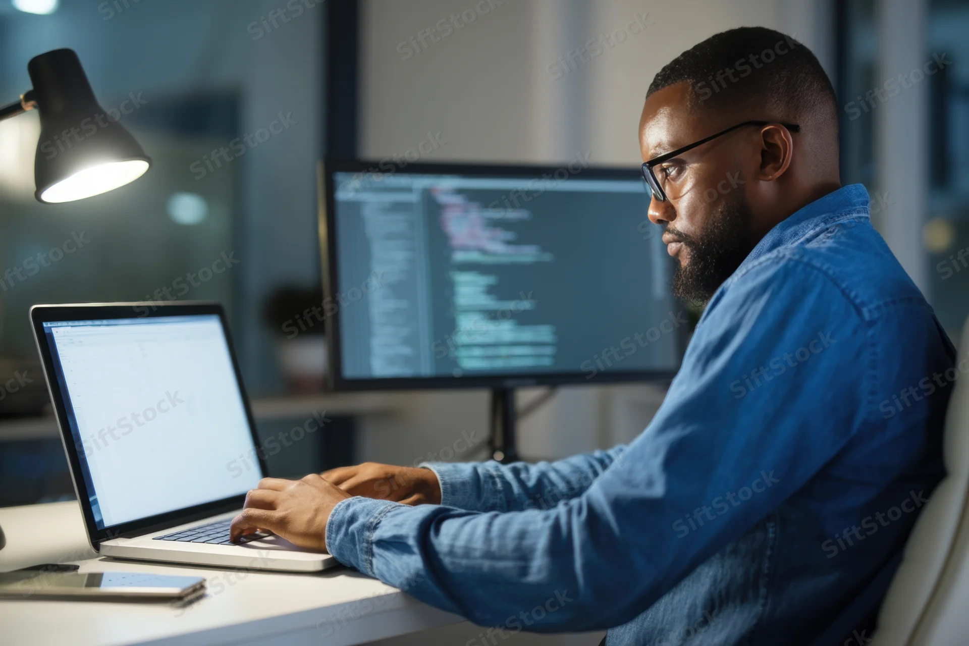 Man coding on laptop and monitor at desk at night