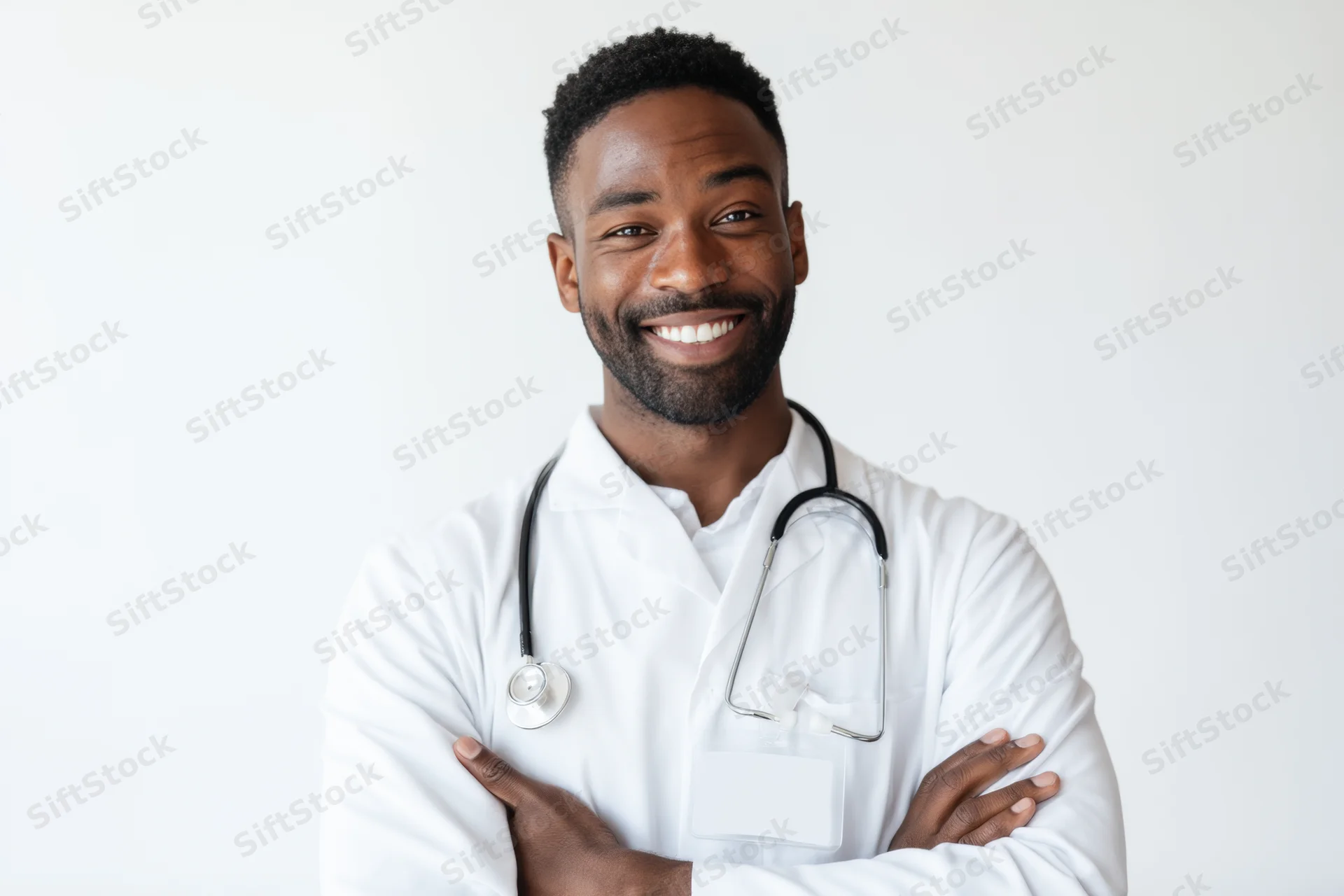 Smiling male doctor in white lab coat with stethoscope arms crossed against white background