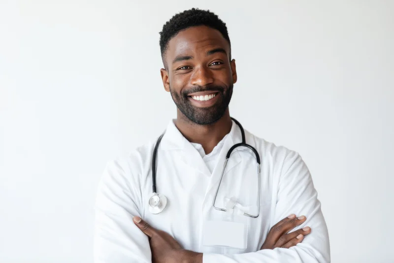 Smiling male doctor in white lab coat with stethoscope arms crossed against white background