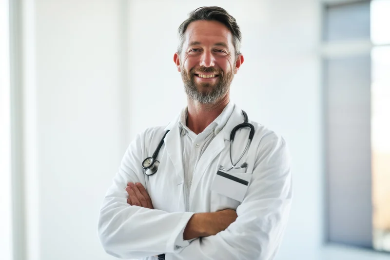 Smiling male doctor in white lab coat with stethoscope arms crossed in clinic
