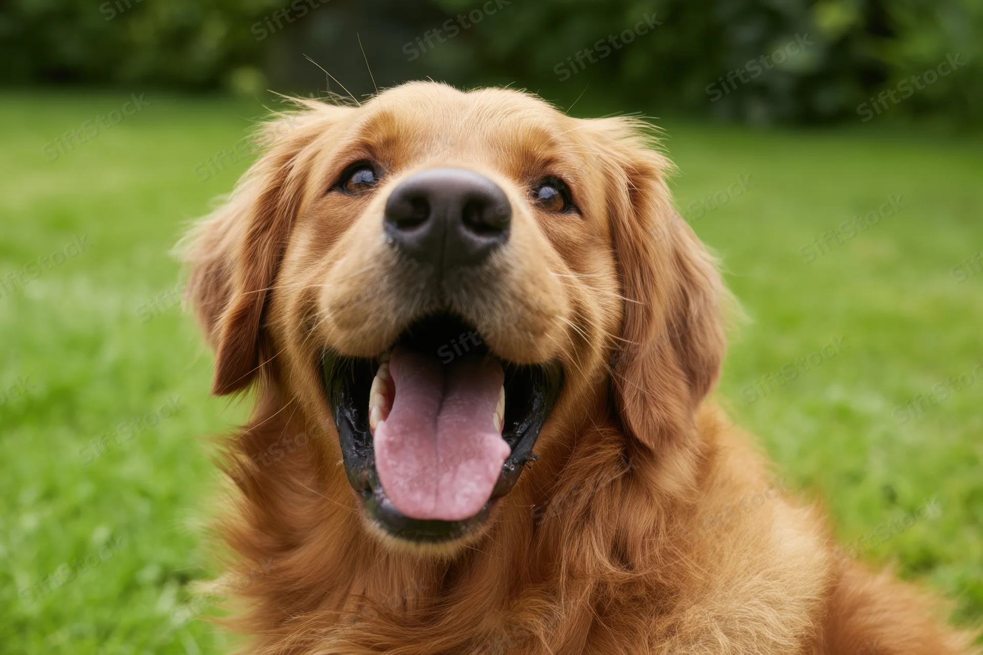 Golden retriever with open mouth and tongue out sitting on green grass