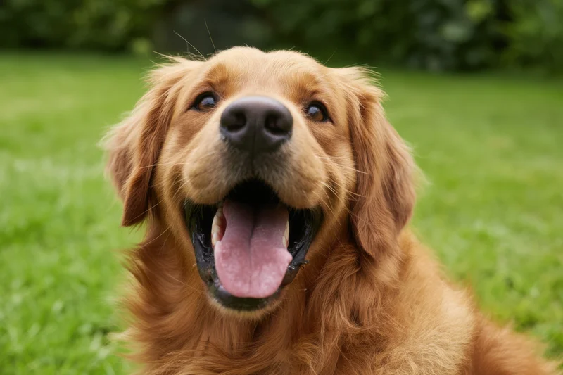Golden retriever with open mouth and tongue out sitting on green grass