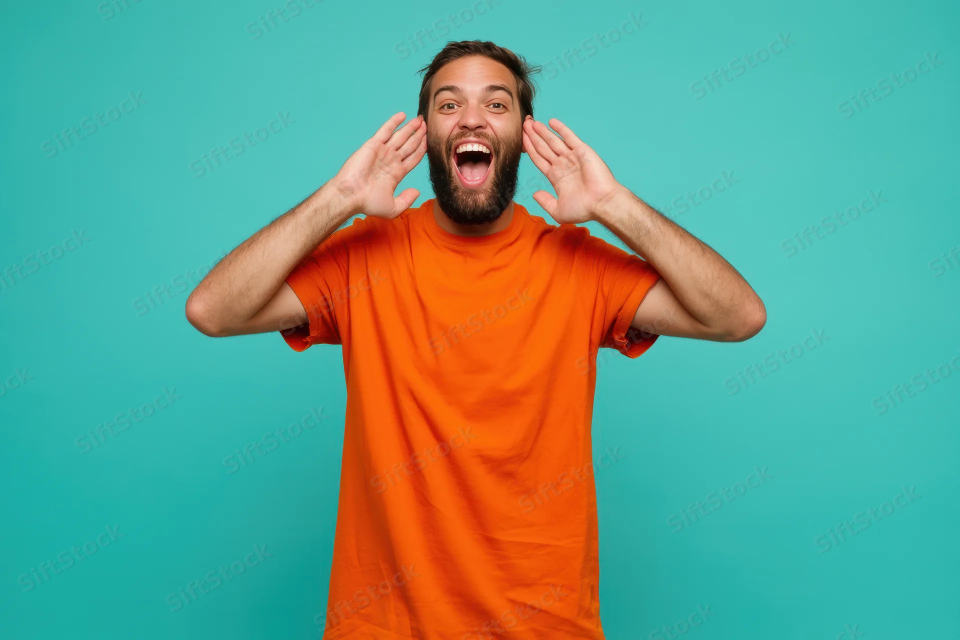 Joyful man with beard shouting with hands near face against turquoise background