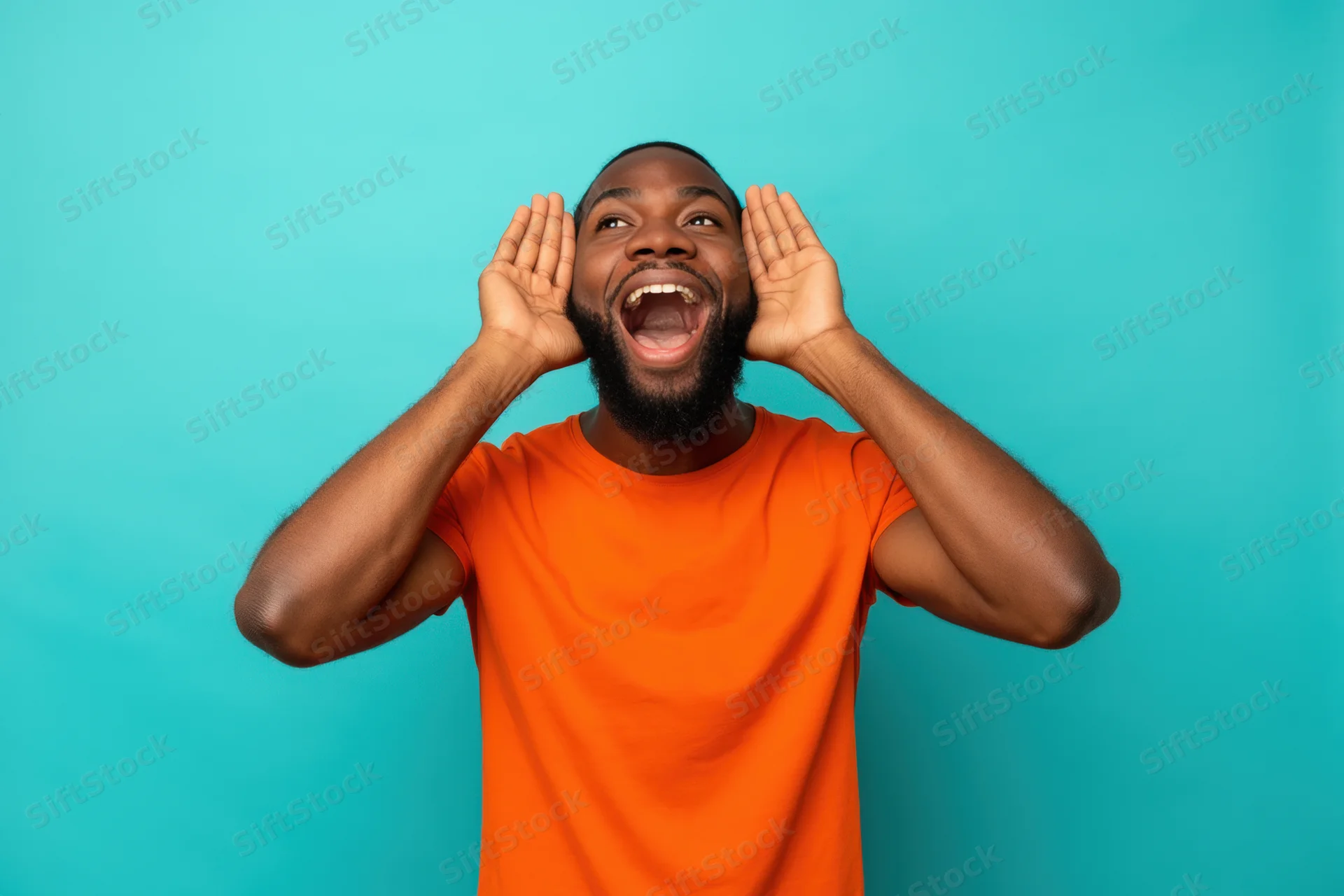 Man shouting with hands on ears against turquoise background