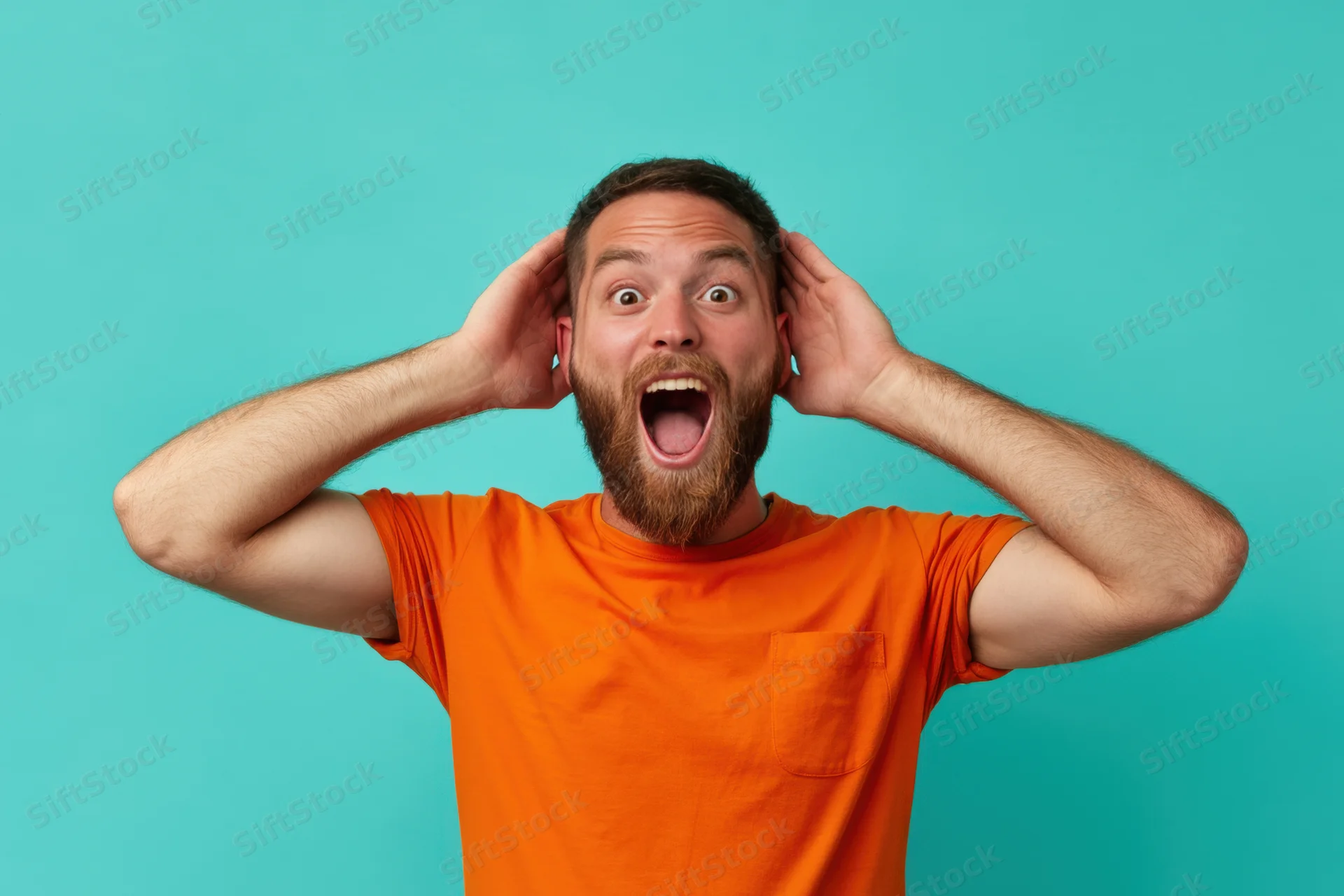 Man with beard in orange t-shirt holding head in surprise against turquoise background