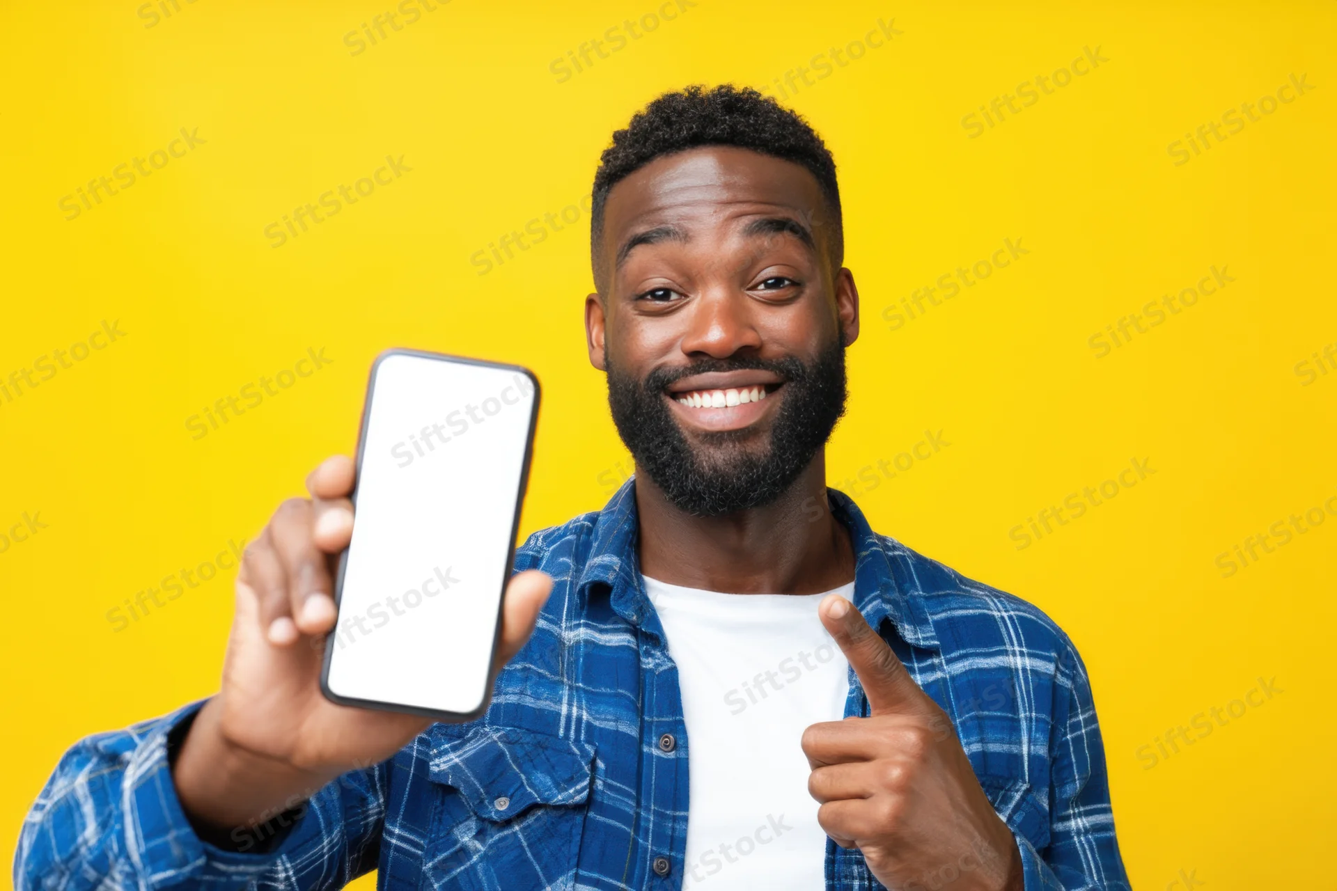 Smiling man pointing at smartphone screen against yellow background