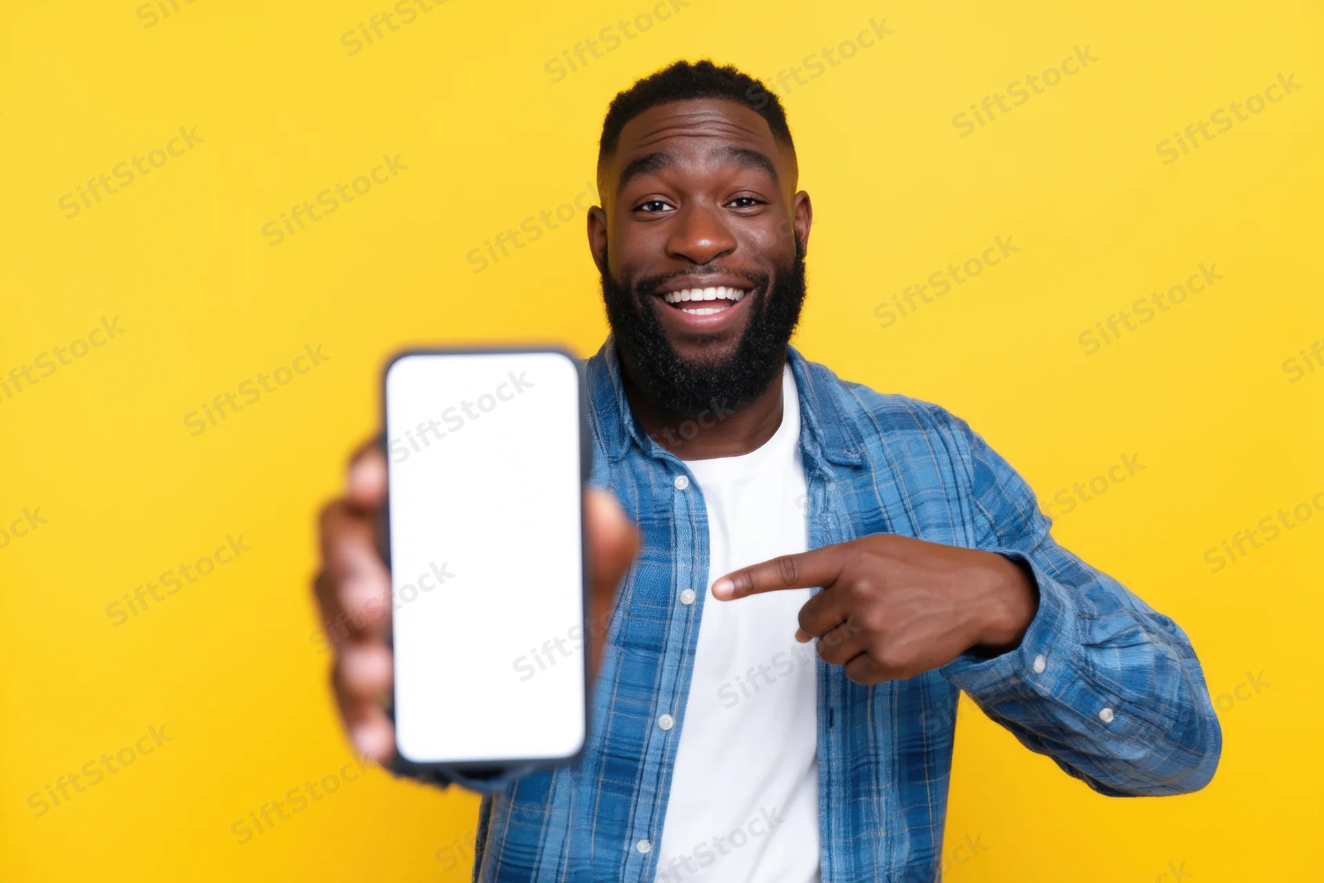 Smiling man pointing at smartphone screen he is holding against yellow background