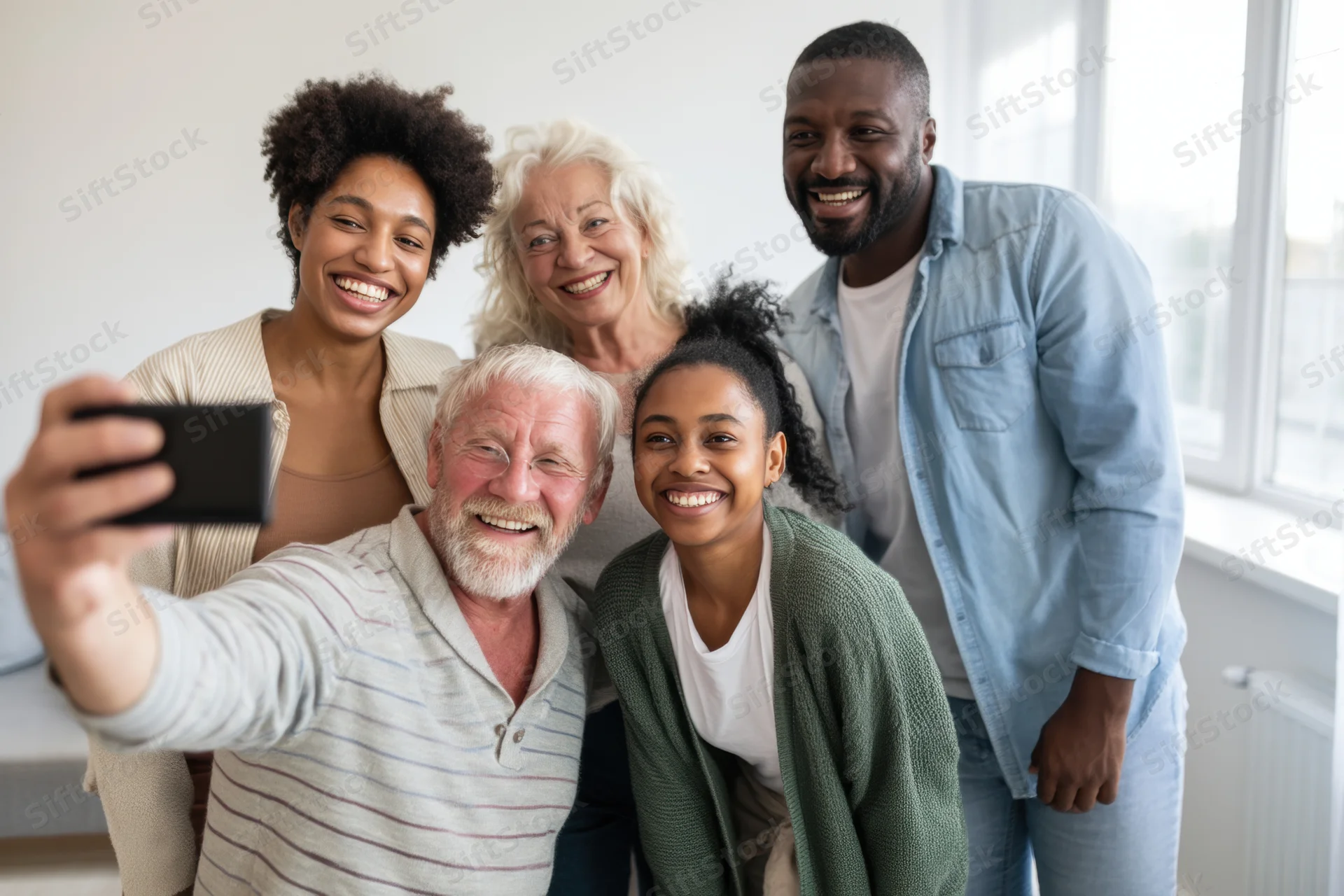 Multi-generational family taking a selfie together indoors smiling
