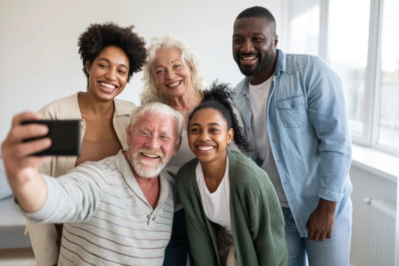Multi-generational family taking a selfie together indoors smiling