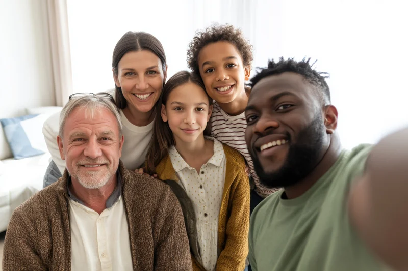 Multi-generational family smiling for a selfie in a bright living room