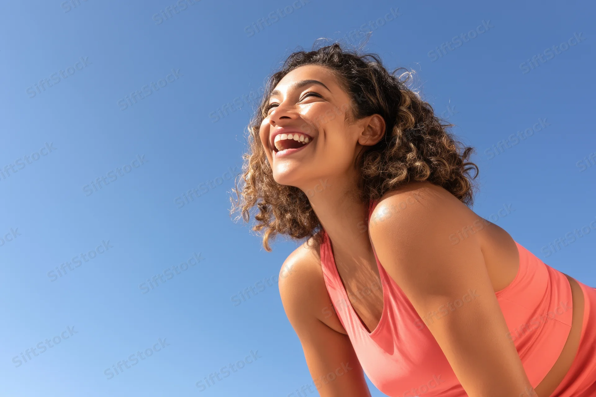 Woman laughing joyfully while leaning forward in coral athletic outfit outdoors under blue sky