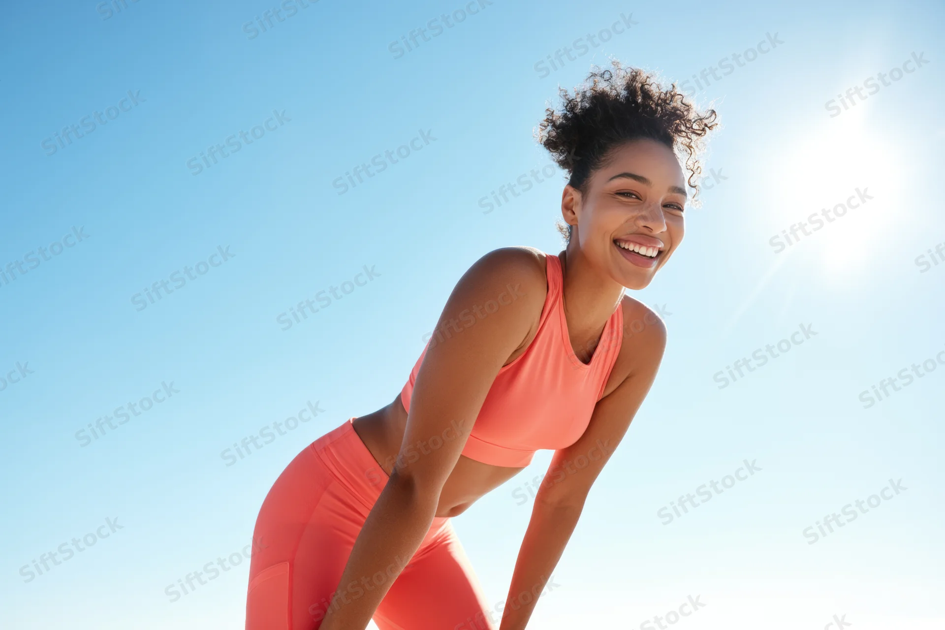 Woman in coral athletic outfit leaning forward outdoors under bright sunlight