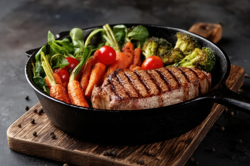 Grilled steak with vegetables in a cast iron skillet on a wooden cutting board