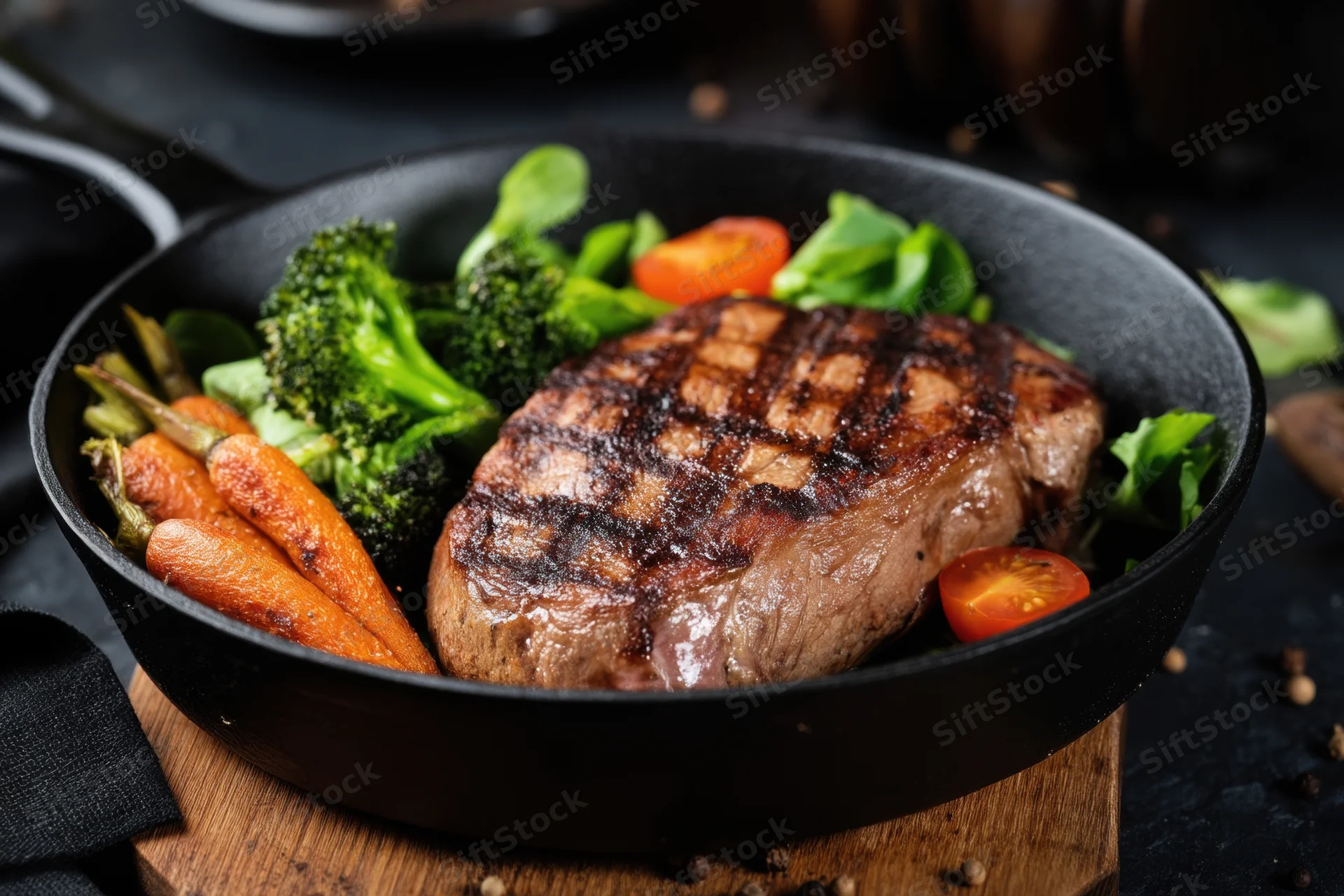 Grilled steak with vegetables in a cast iron skillet on a wooden board