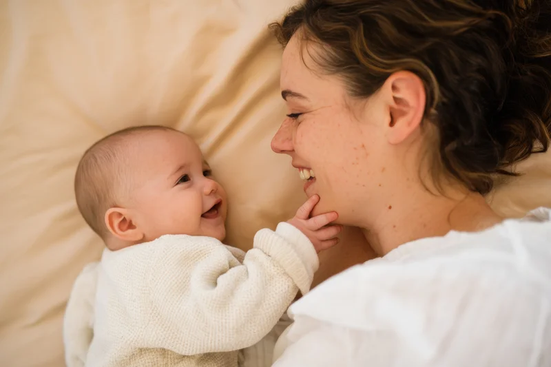 Mother smiling at her baby lying on a bed, baby touching her face