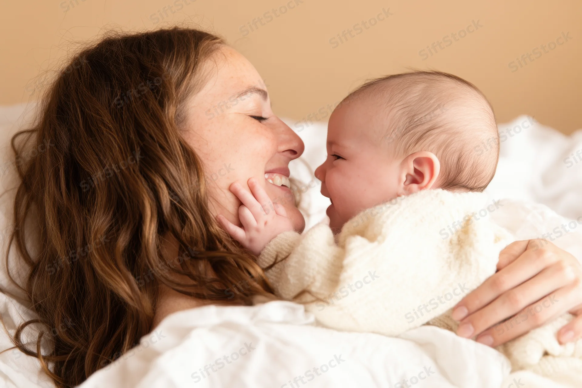 Mother smiling and cuddling her baby on a bed in a cozy bedroom setting