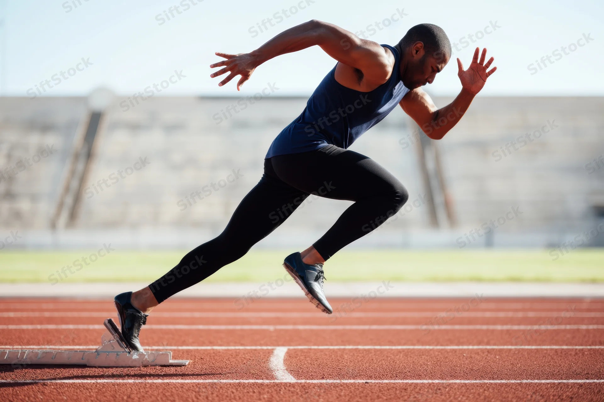 Male sprinter launching from starting blocks on red running track