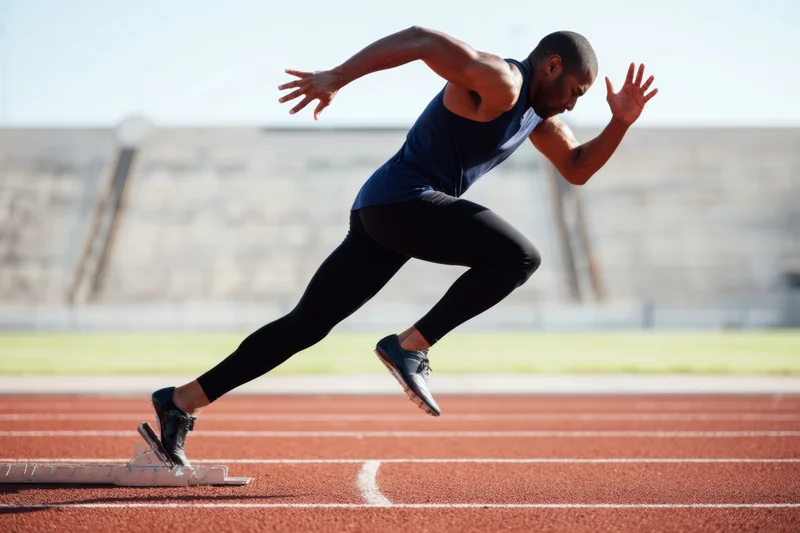 Male sprinter launching from starting blocks on red running track