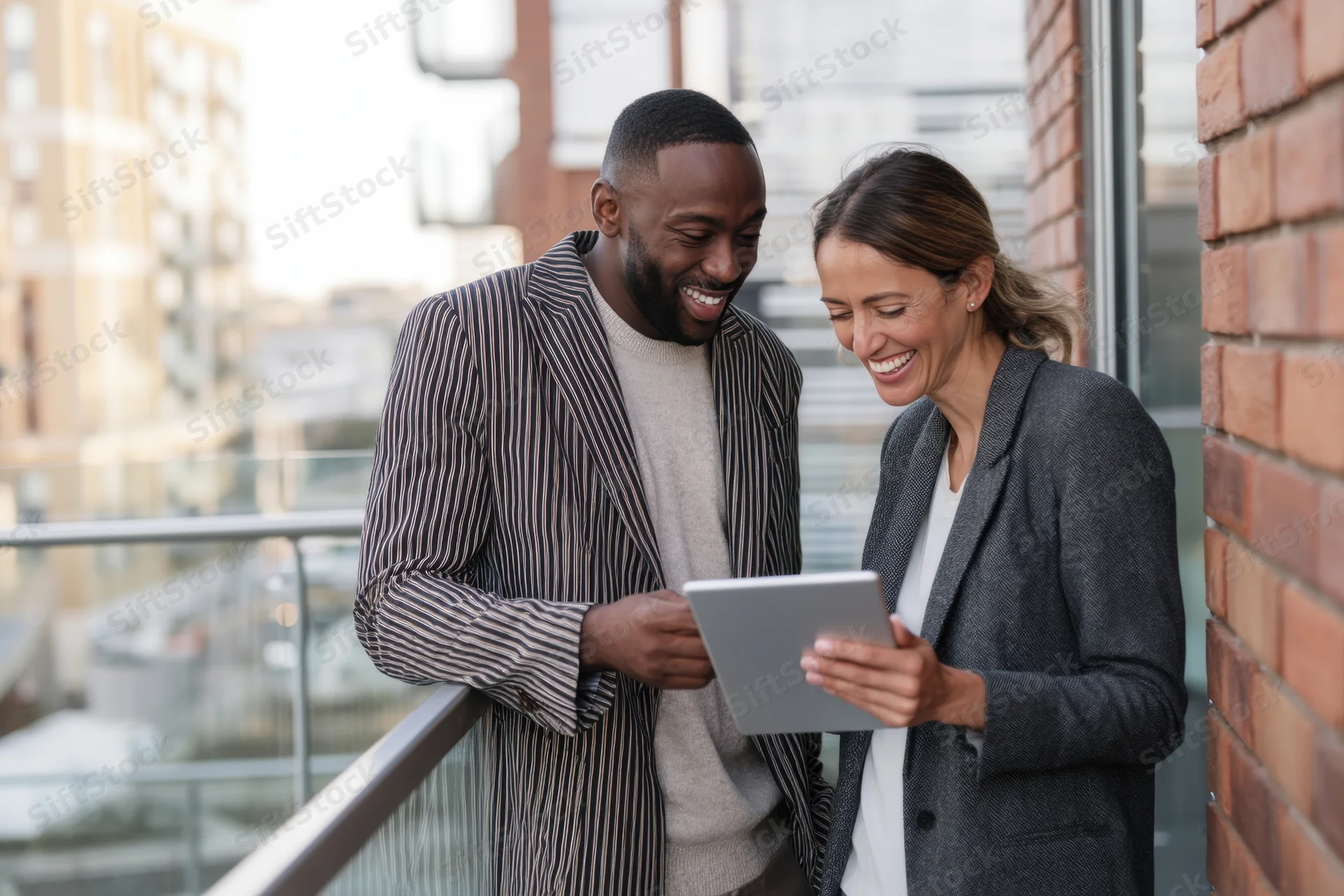 Two professionals smiling while reviewing a tablet on an urban balcony near a brick wall and glass railing
