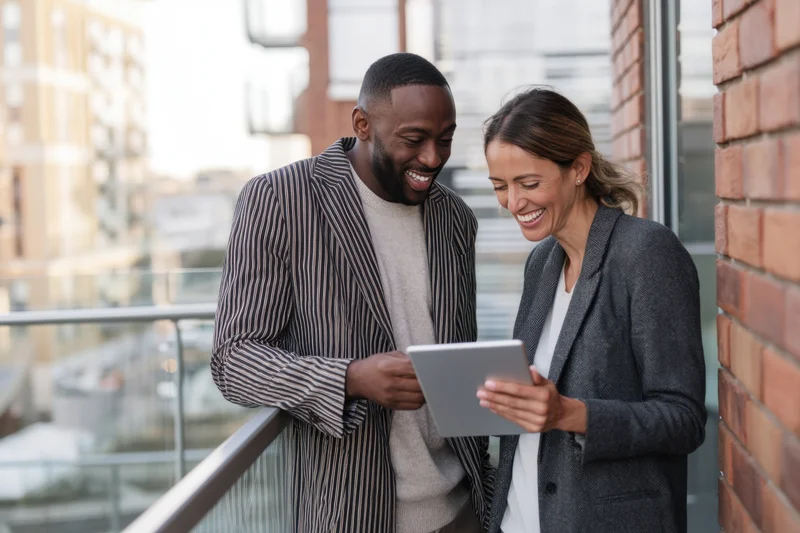 Two professionals smiling while reviewing a tablet on an urban balcony near a brick wall and glass railing