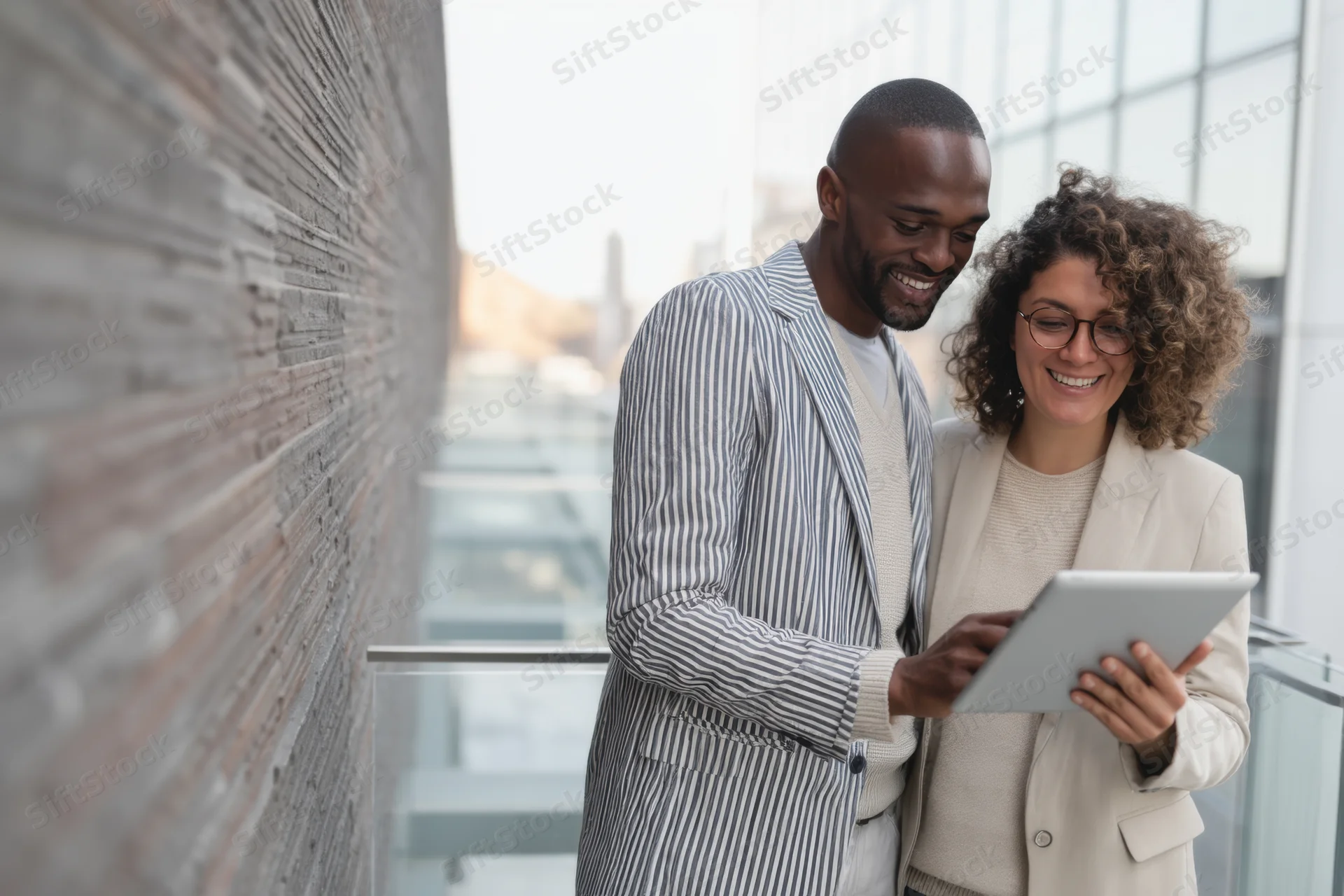 Man and woman smiling while viewing tablet together near brick wall and glass railing in office building