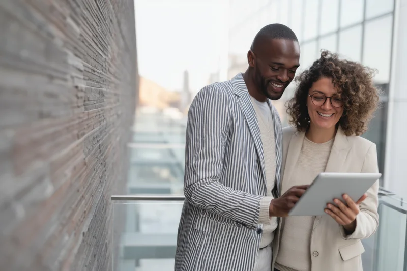 Man and woman smiling while viewing tablet together near brick wall and glass railing in office building