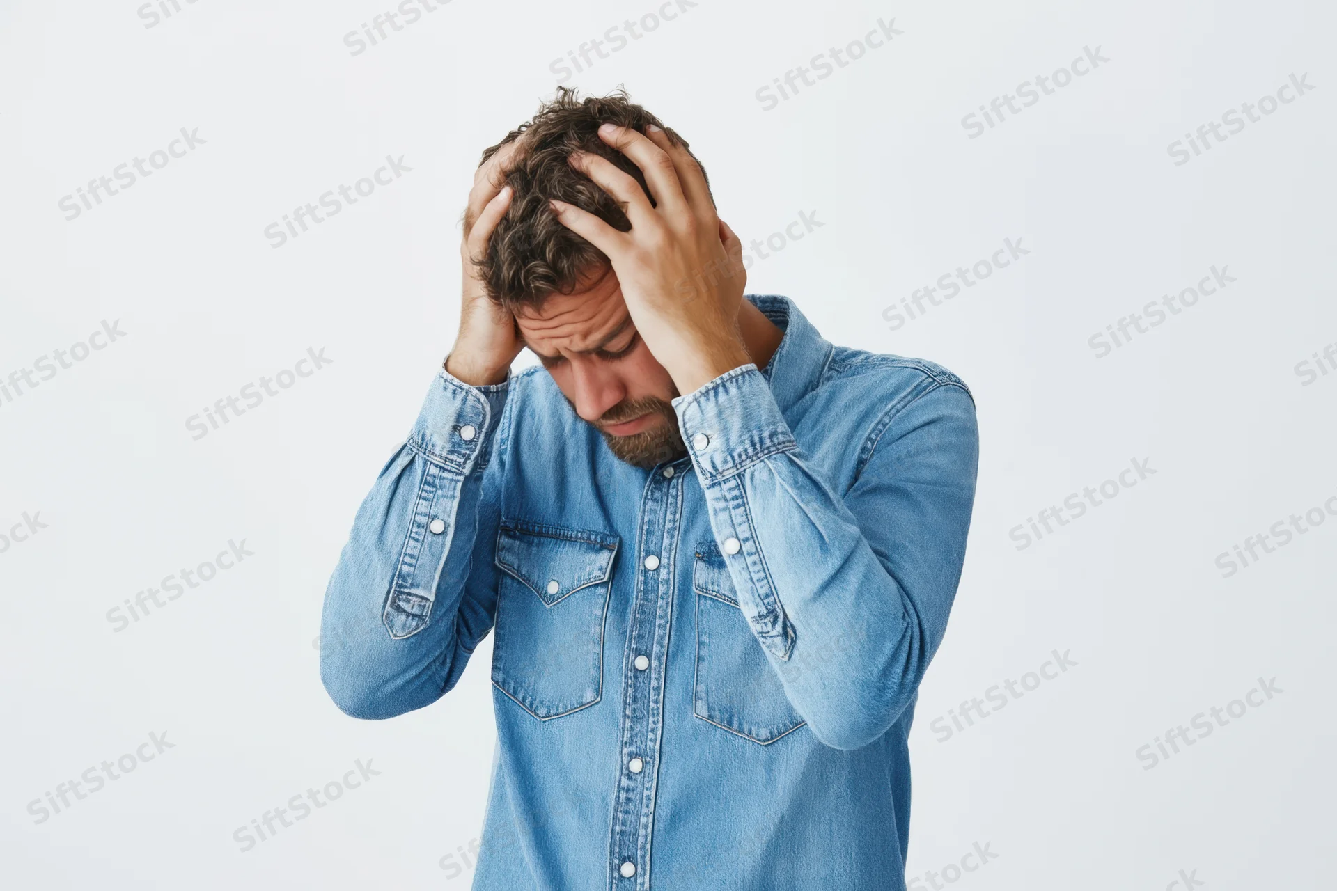 Man holding his head in distress against white background