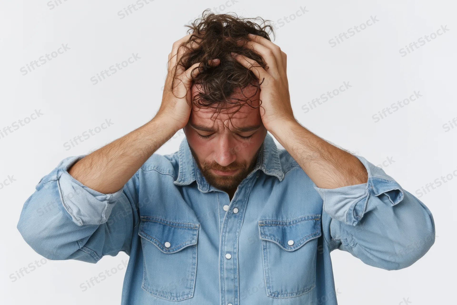 Man holding head with hands, distressed expression, wearing light blue denim shirt