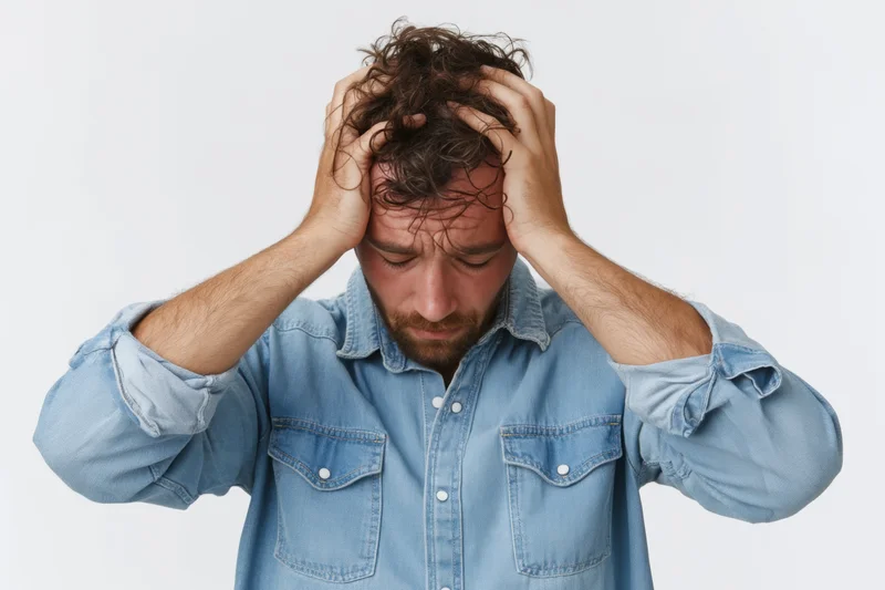 Man holding head with hands, distressed expression, wearing light blue denim shirt