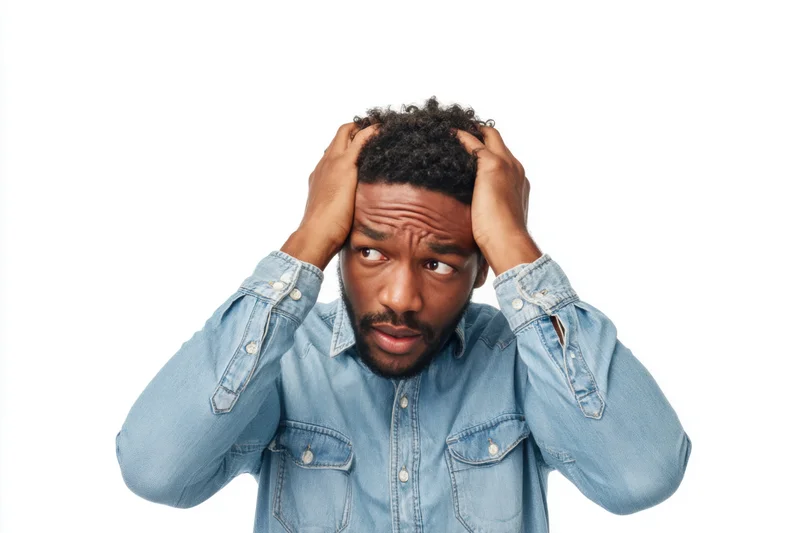 Man holding head with hands, showing distressed expression, isolated on white background