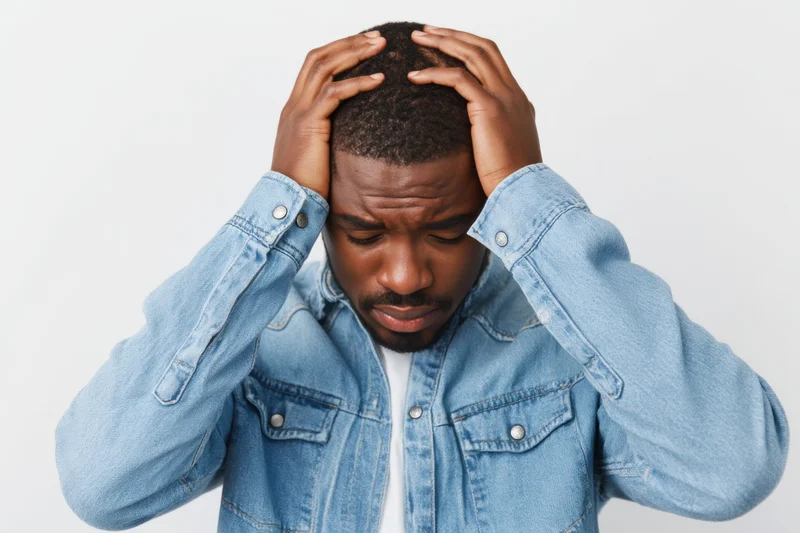 Man holding his head in distress wearing a light blue denim jacket against a white background