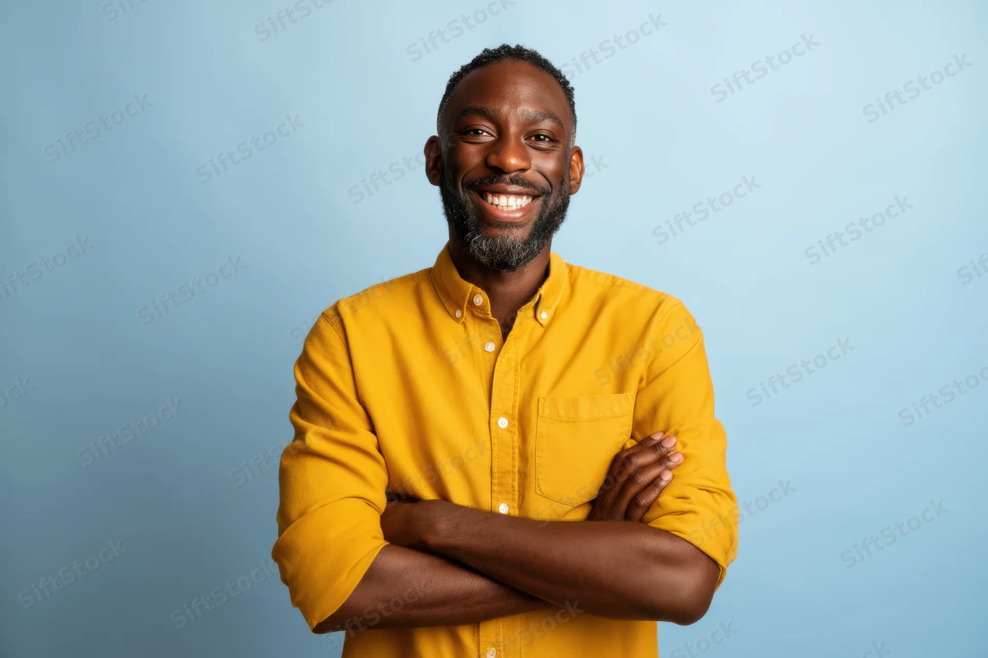 Smiling man with arms crossed wearing yellow shirt against light blue background