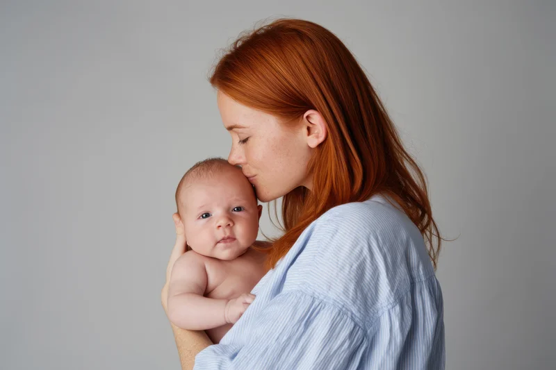 Woman holding newborn baby close to her chest in studio portrait