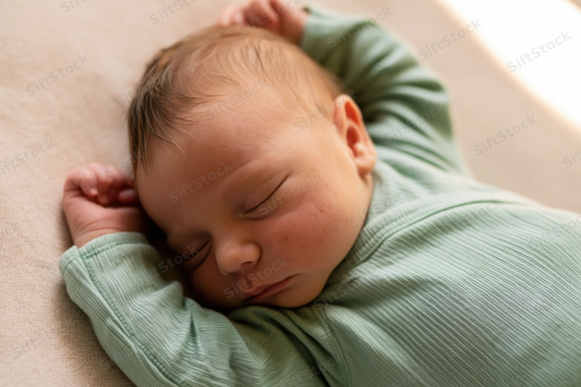 Newborn baby sleeping peacefully on a soft surface wearing a mint green ribbed onesie