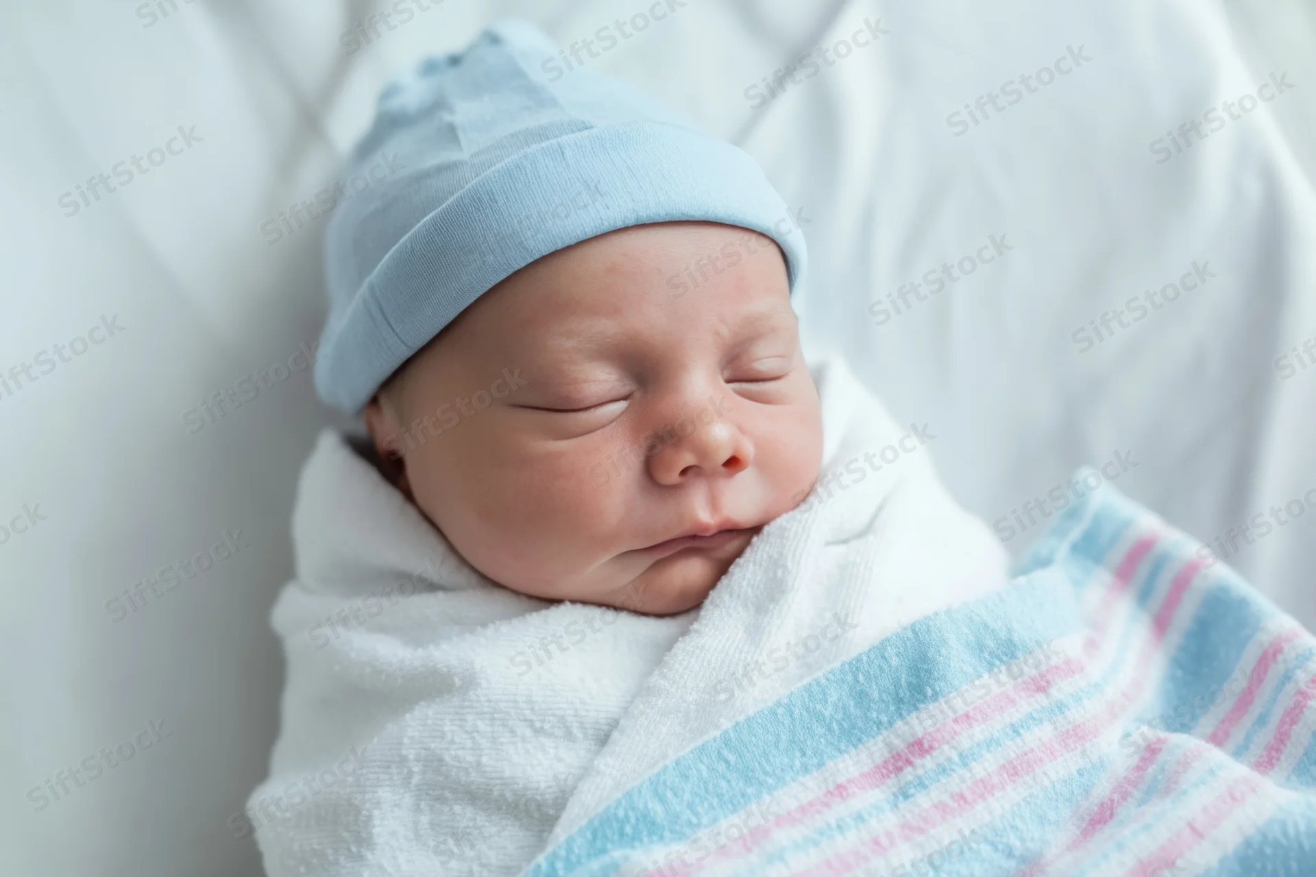 Newborn baby sleeping peacefully swaddled in white blanket with blue hat