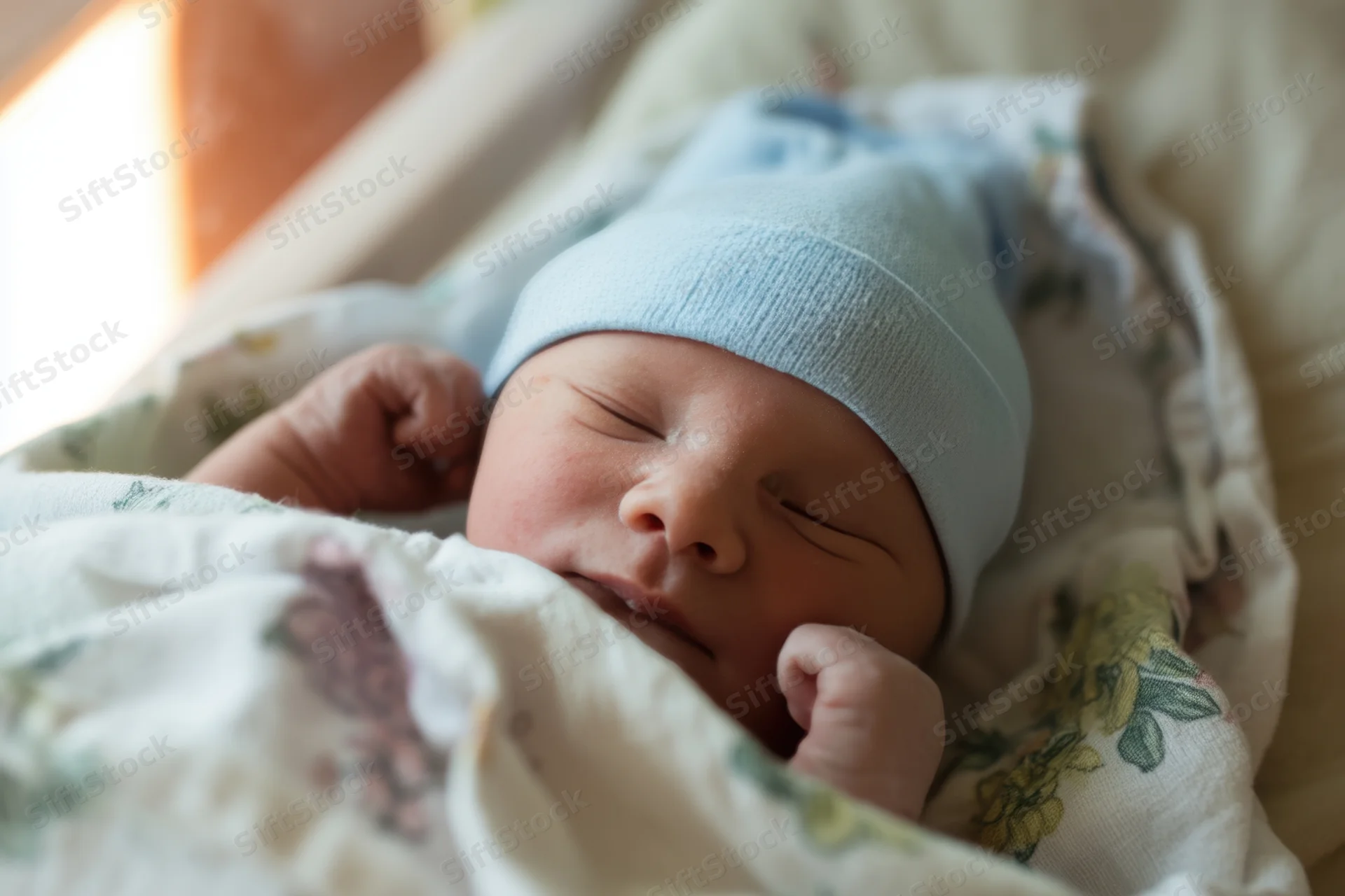 Newborn baby sleeping peacefully wrapped in floral blanket wearing light blue hat
