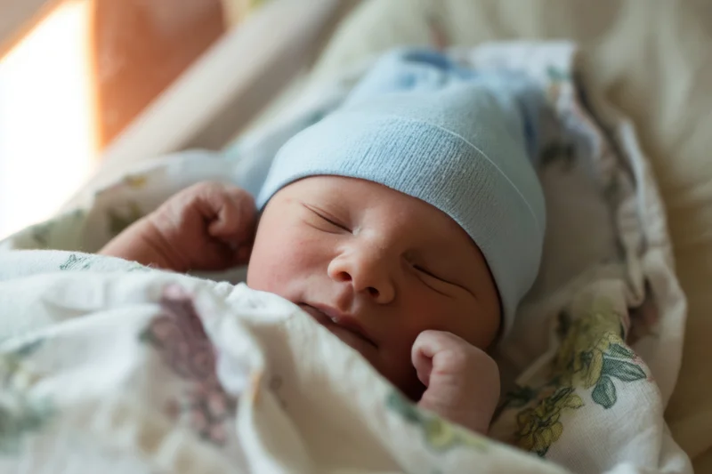 Newborn baby sleeping peacefully wrapped in floral blanket wearing light blue hat