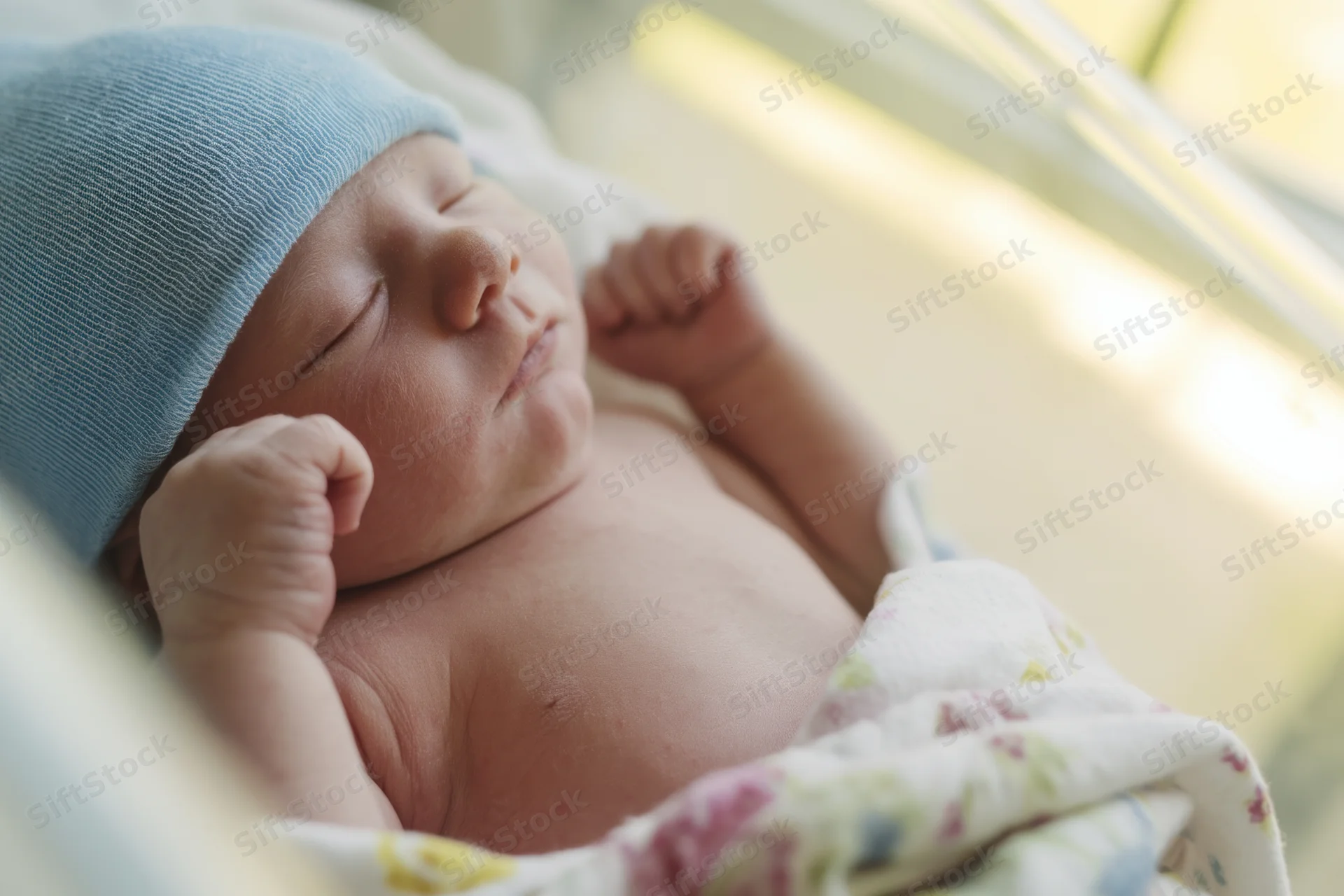 Newborn baby sleeping peacefully in a hospital crib wearing a light blue knit hat and wrapped in a floral blanket