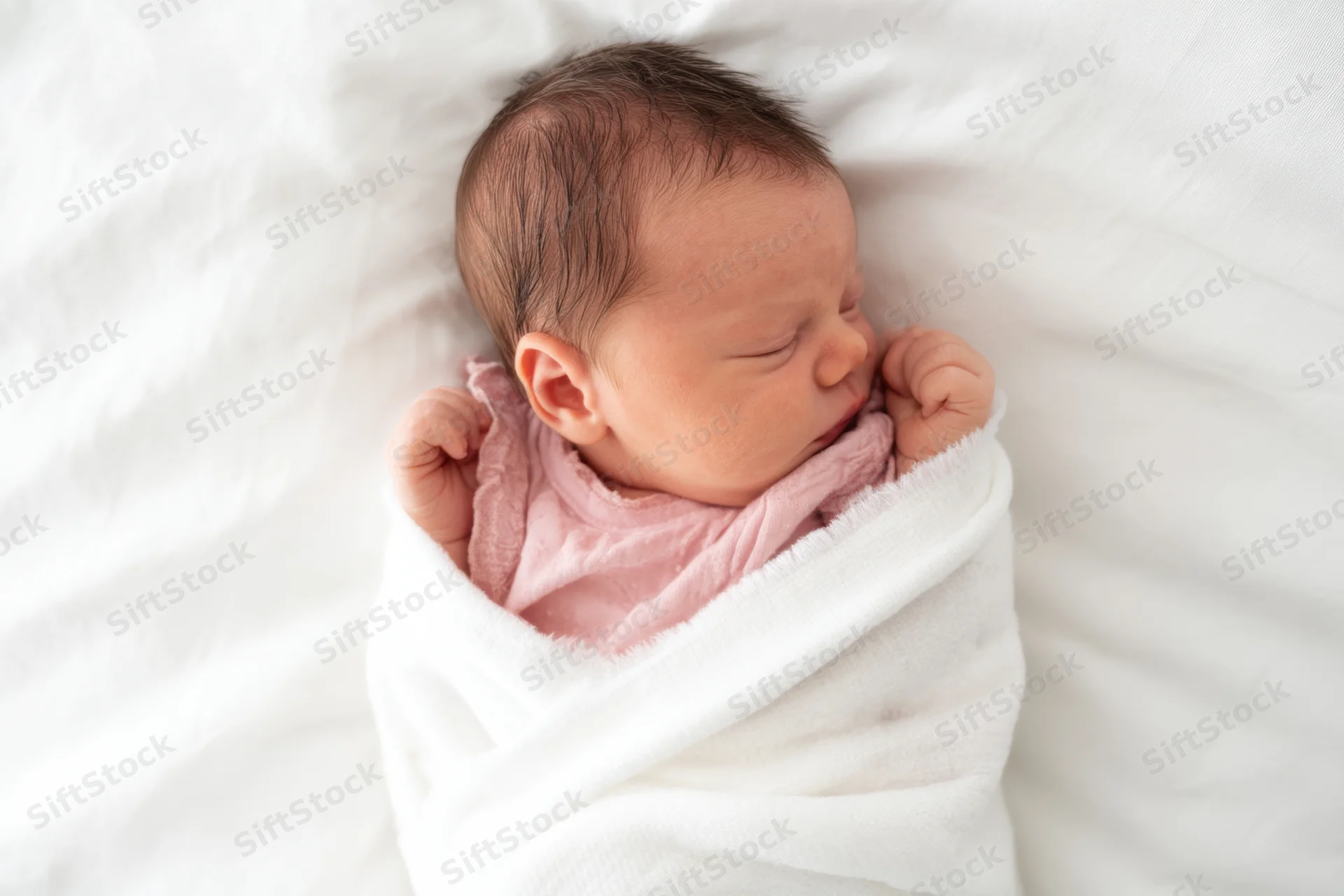 Newborn baby sleeping swaddled in white blanket on soft white surface