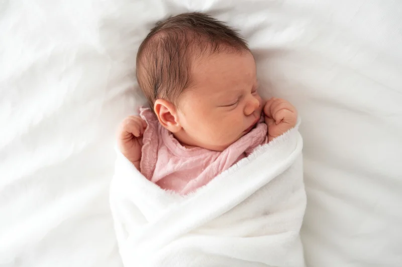 Newborn baby sleeping swaddled in white blanket on soft white surface