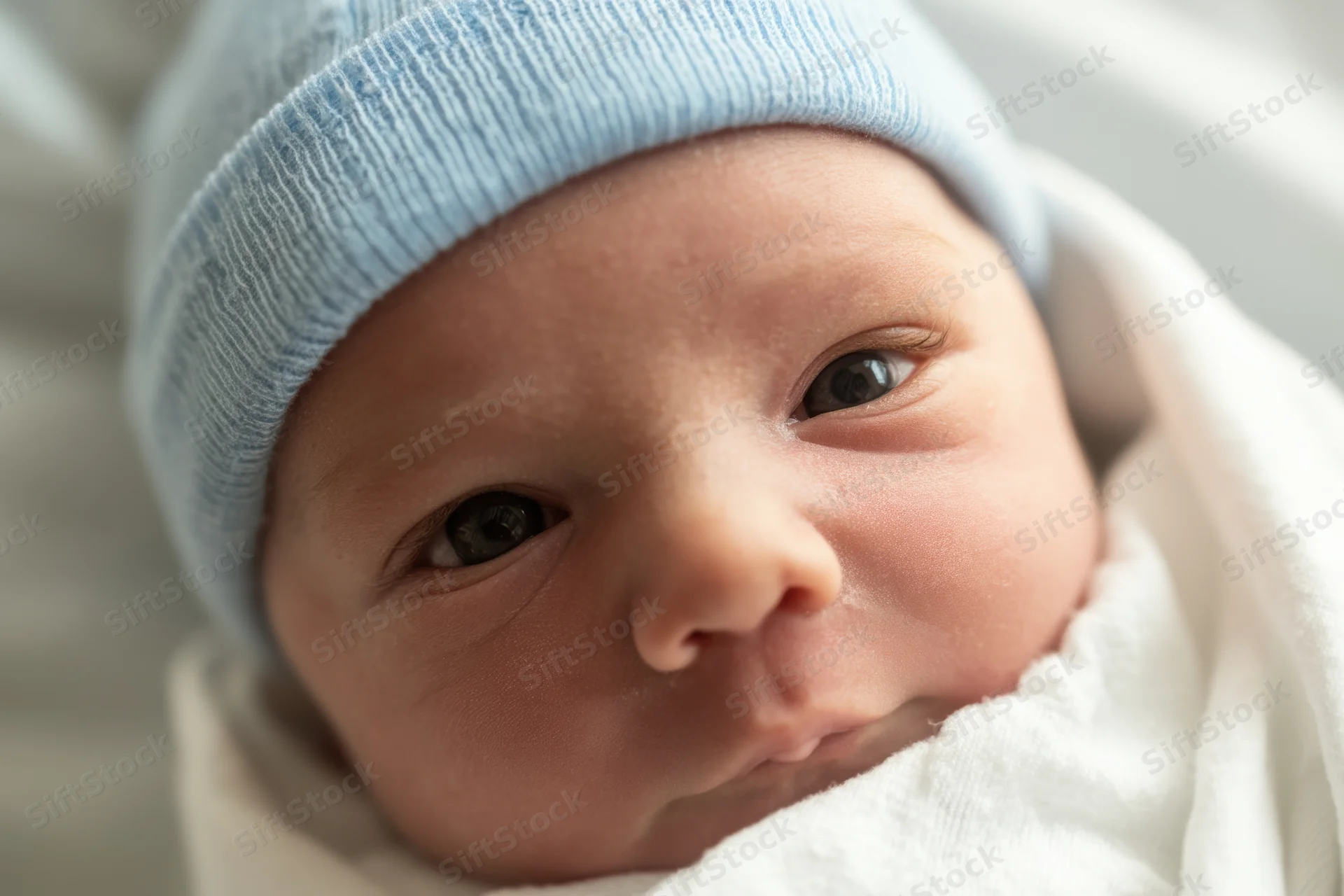 Newborn baby swaddled in white blanket wearing blue knit hat, close-up view of face