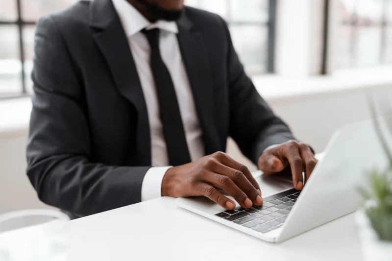 Man in dark suit typing on silver laptop at white desk in office